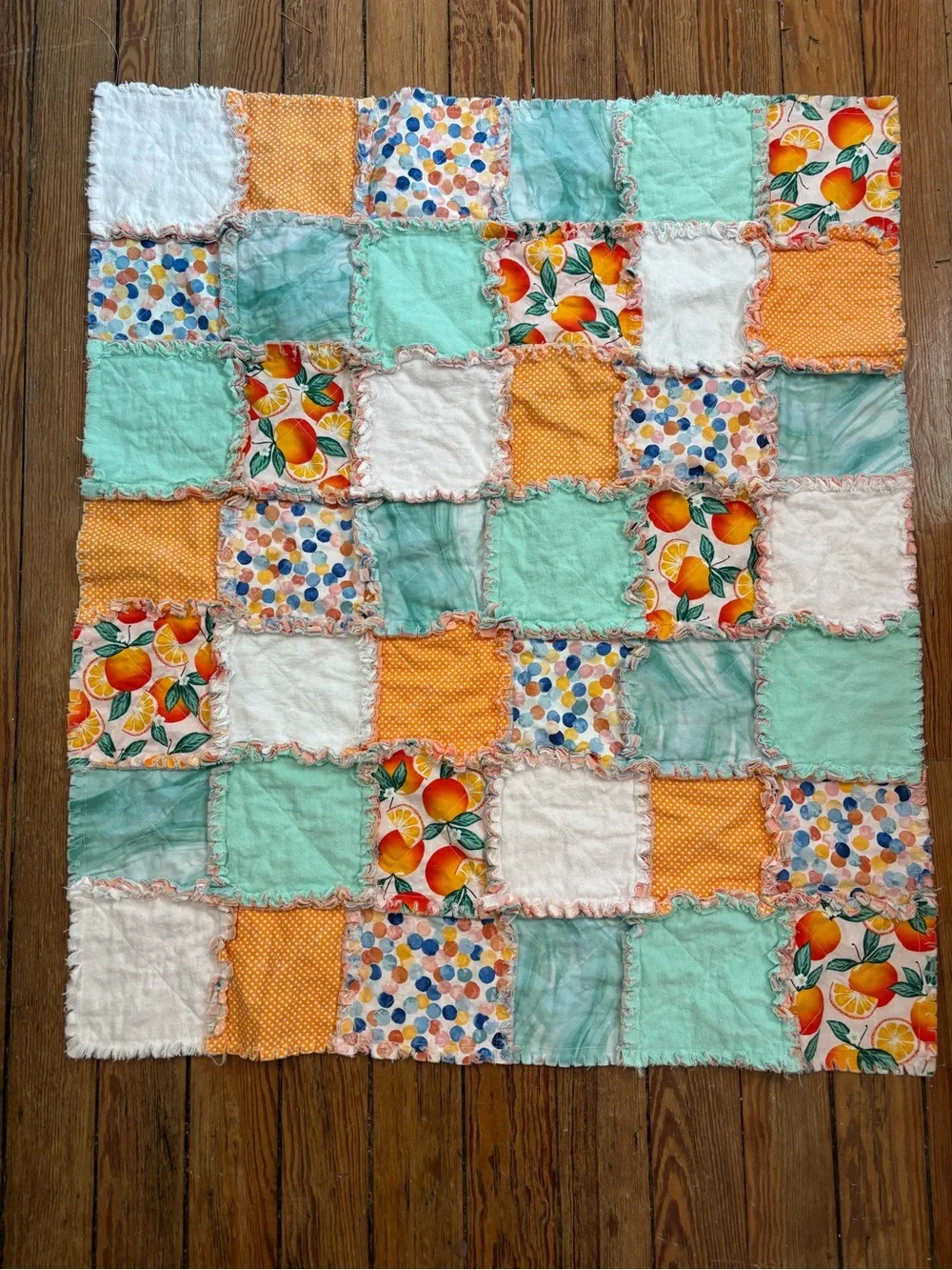 Handmade Peach Checkerboard Cotton Quilted Baby Blanket - Soft Peach and Mint
